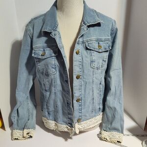Twiggy London denim jacket light wash finish, brass-tone buttons, and Crochet XL